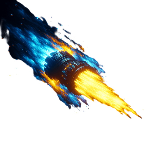 Game texture, Single Spaceship Engine exhaust light particle, yellow blue fire. Black background.