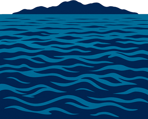 un mar con un fondo a lo lejos.
In-Game asset.  2d.  High contrast.  No shadows