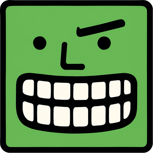 Basit yeşil renkde kare yüz. Gözü çok küçük, dişleri kaftar, burnu normal, kaşı ince.
In-Game asset.  2d.  High contrast.  No shadows
