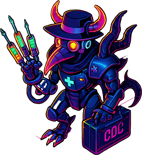 Neon cyberpunk anime top down isometric animatronic plague doctor cyborg demon medic CDC corporate robot monster disease pestilence medicine syringes