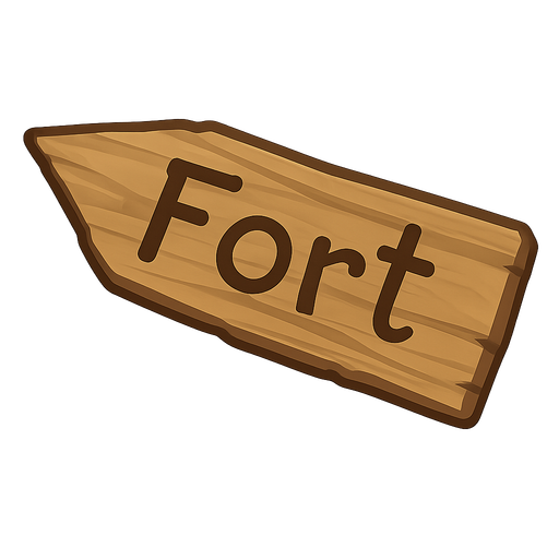 Tahta bir tabela üzerinde fort yazıyor. No background. Transparent background. Blank background. No shadows. 2d. In-Game asset. flat