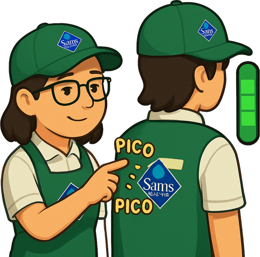 Ambos deberan ser trabajadores de sams club, gorra verde con el logo, la chica de la izqueirda debera usar lentes, polo blanca, mandil verde con el logo del trabajo.
EL chico de la derecha, pelo negro un poco alrgo, gorra igual verde y el amndil.

Igual el de la derecha usara playera de polo blanca.

Y al ededor de la mano que esta tocando deberia decir PICO PICO, COMO SI FUERA UN EFECTO DE SONIDO AL TOCARLO