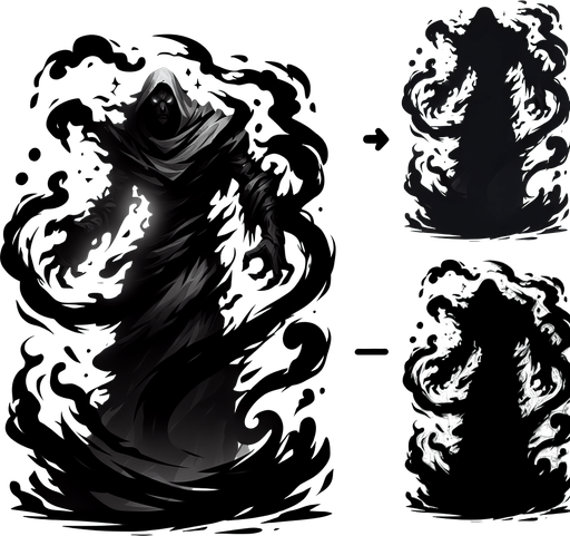 A figure fully merged with swirling, dynamic shadows, looking menacing..
Single Game Texture.  In-Game asset.  2d.  Blank background.  High contrast.  No shadows