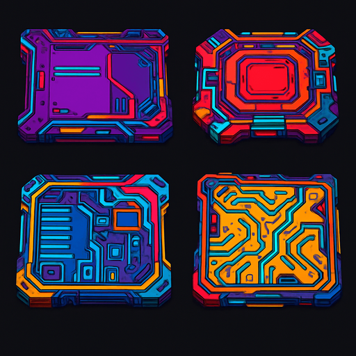 Futuer complicated floors. Cyberpunk. Abstract. separated. Different colors. HD colors.
In-Game asset.  2d.  High contrast.  No shadows