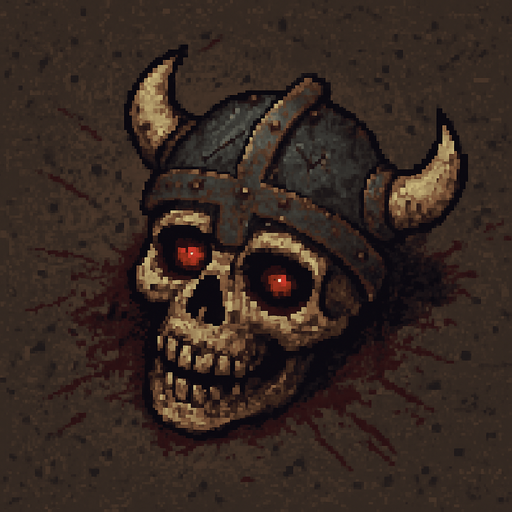 “Top-down 2D pixel art of a severed skeleton head wearing a damaged metal helmet. The skull is cracked and aged, with glowing red eyes still faintly lit. The barberian helmet is dented, rusty, and slightly misaligned on the skull. The head lies on the ground, surrounded by scratches, dust, or dried blood. Designed as a dark fantasy game sprite or environmental detail.”.
In-Game asset.  2d.  High contrast.  No shadows