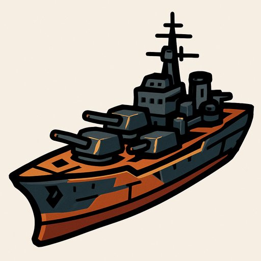 The medium warship balances speed and firepower. It is equipped with multiple cannons and moderate armor. It moves steadily and can withstand more hits than smaller ships, making it a tougher target..
In-Game asset.  2d.  High contrast.  No shadows