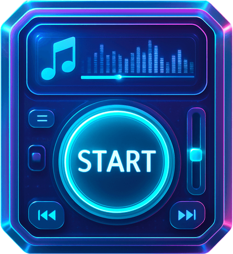 Start button in the shape of a protorealistic holographic futuristc music player.
Front view.