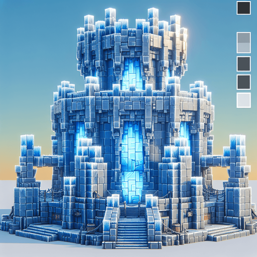 A turret tower constructed out of square ice blocks. Front view perspective. Single Game Texture. In-Game asset. 2d. Blank background. High contrast. No shadows.