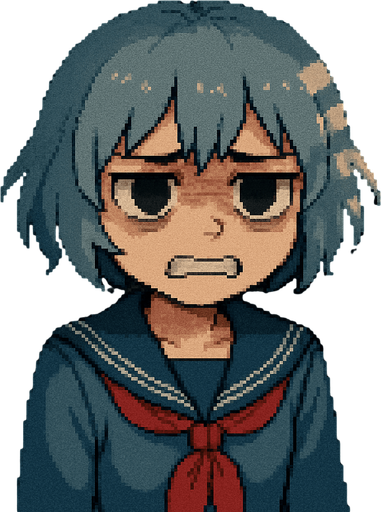 Yui is a cute 15-year-old anime girl with big black eyes and short, soft blue-gray hair (HEX: #b0b9d8). She wears a traditional Japanese school uniform called a sailor fuku. In this Pixel Art scene, Yui looks clearly upset—she has very noticeable dark circles under her eyes, her eyebrows are tense, and her teeth are pressed together in frustration. Her arms are relaxed and down at her sides, showing no physical aggression, just quiet tension. She’s inside a school locker, looking out through a metal grate with a serious, focused expression. The entire scene is viewed from inside the locker, with soft light coming through the vents, casting gentle shadows across her face and creating a slightly tense but family-friendly atmosphere.