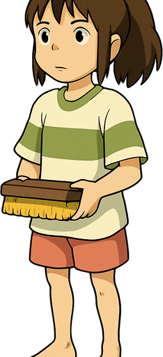 Pack of complete body frames of girl Chihiro character from "spirited a way" movie. without shoes, holding small rectangle hand Scrubbing Brush with color brown and yellow, her feet are dusty a bit from bottom
In-Game asset.  2d.  High contrast.  No shadows. no broom
