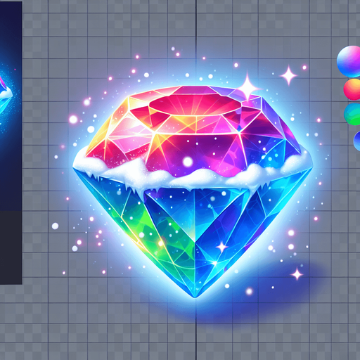 a precious colorful glowing gem with snow and ice on it.
Single Game Texture. In-Game asset. 2d. Blank background. High contrast. No shadows.