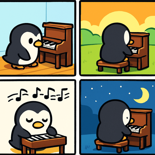 4-panel comic strip, no text, cute cartoon style, bright colors, black outlines.
Characters: Penguin Hero (small, determined) + Penguin Princess (elegant, crown) + Village Penguins
Central Theme: Music connects hearts, piano mastery wins love. Story: Hero commits to learning piano seriously

Panel 1: Hero finds small piano and sets up practice space
Panel 2: Hero practicing at sunrise, warm golden morning light
Panel 3: Musical notes gradually improve from wobbly to steady
Panel 4: Hero still practicing under moonlight, showing dedication through full day
In-Game asset.  2d.  High contrast.  No shadows