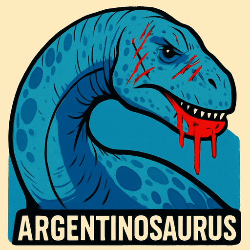 mavi bir Argentinosaurus, ağzında biraz kan ve yüzünde çizikler 
var.
In-Game asset.  2d.  High contrast.  No shadows
