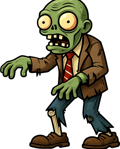 Zombie de piel verdosa y pálida, con una cabeza ovalada y dos grandes ojos saltones con pupilas pequeñas y rojizas. Su boca está abierta, mostrando dientes irregulares. Viste un traje de negocios marrón claro, una camisa blanca y una corbata roja a rayas, todo rasgado y sucio. Sus pantalones azules están hechos jirones, dejando ver una pierna esquelética, y calza zapatos marrones desgastados. Sus brazos están extendidos ligeramente hacia adelante.
In-Game asset.  2d.  High contrast.  No shadows