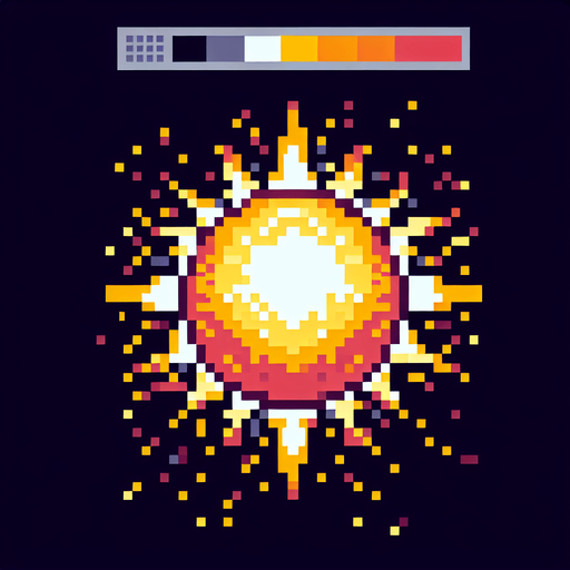 8 bit sun solar flare.
Single Game Texture. In-Game asset. 2d. Blank background. High contrast. No shadows.