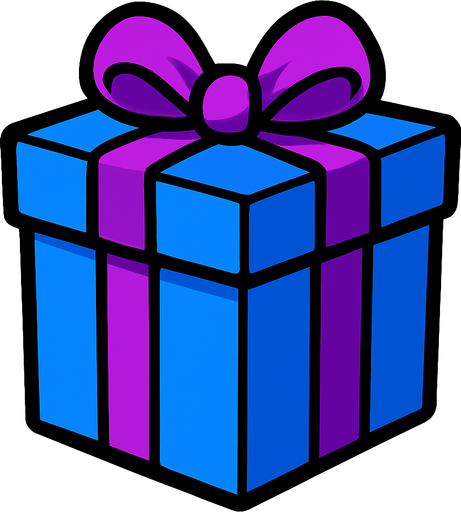 It has a purple ribbon and ribbons on a blue gift box.
In-Game asset.  2d.  High contrast.  No shadows