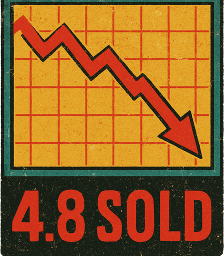 Borsa grafiği oluştur grafiğin yönü aşağı yönde olsun .Altında "4.8 SOLD"  şeklinde bir yazı yazsın . retro temada olsun !.
In-Game asset.  2d.  High contrast.  No shadows