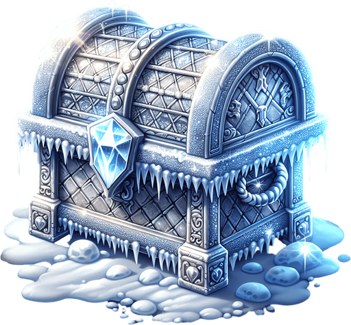 icy treasure chest

Single Game Texture. In-Game asset. 2d. Blank background. High contrast. No shadows.