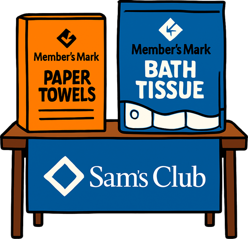 Que tenga un mantel azul  con el logo de sams club, sean menos productos y la mesita sea mas alta, el mantel no llega hasta el suelo, si no hasta a la mitad de la altura y permite ver las patitas de la mesa
