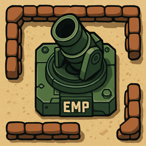 Top view of an Green defense Military tower large EMP mortar, in the desert, the image has a square border outlined by military defense Brown sandbags.
In-Game asset.  2d.  High contrast.  No shadows