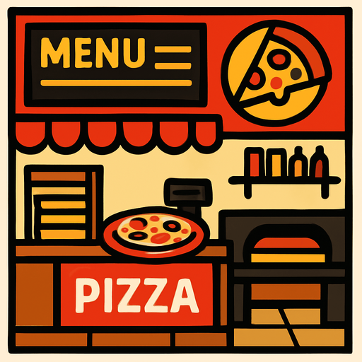 Pizza shop.
In-Game asset.  2d.  High contrast.  No shadows. 4k