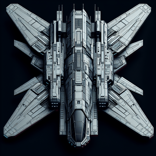 A cool looking spaceship viewed from above
Single Game Texture. In-Game asset. 2d. Blank background. High contrast. No shadows.