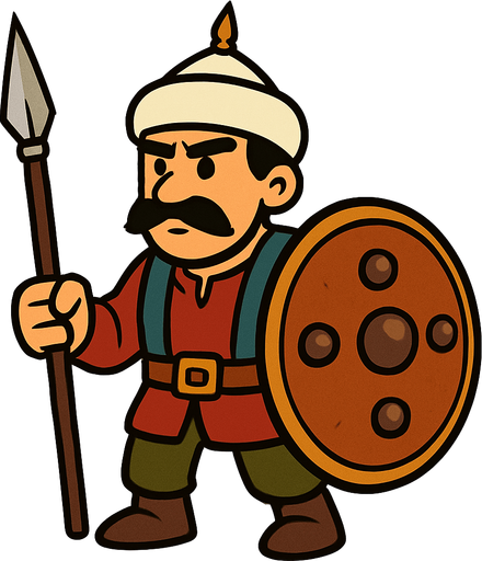 Animasyon çizgi dizi tarzında kalkanlı osmanlı askeri.Kalkanları büyük olsun
In-Game asset.  2d.  High contrast.  No shadows