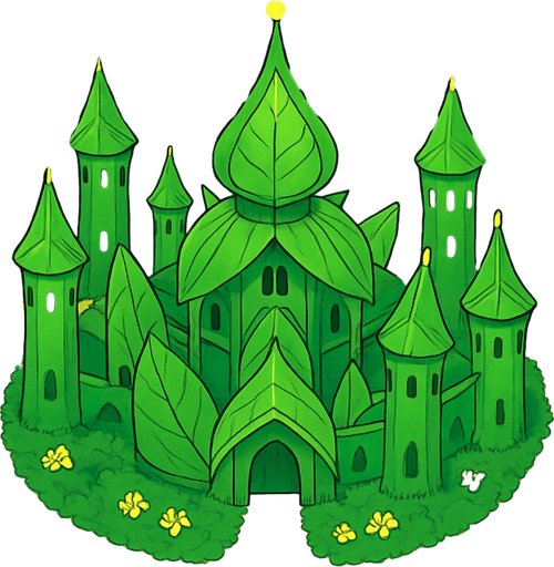 image top down hutan pinus luas yang ditengahnya terdapat kerajaan peri daun. 2d anime.
In-Game asset.  2d.  High contrast.  No shadows