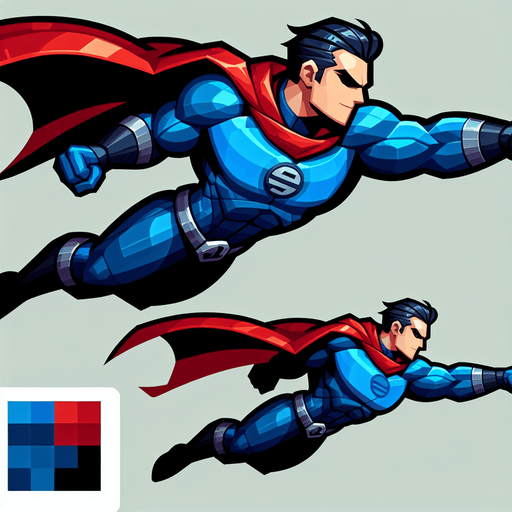 Side view of superman flying from left to right, with his fist pushed out in front of him.
Single Game Texture. In-Game asset. 2d. Blank background. High contrast. No shadows.