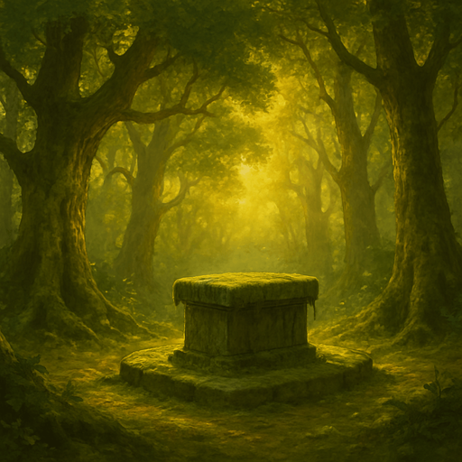 A mystical medieval forest glade with ancient trees, golden sunlight filtering through leaves, stone altar covered in moss, enchanted and sacred atmosphere, realistic.
In-Game asset.  2d.  High contrast.  No shadows