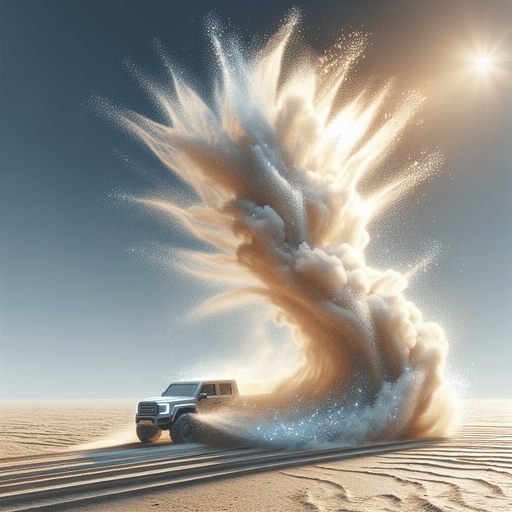 Light bright and transparent vertical Sand cloud in the air behind a vehicle