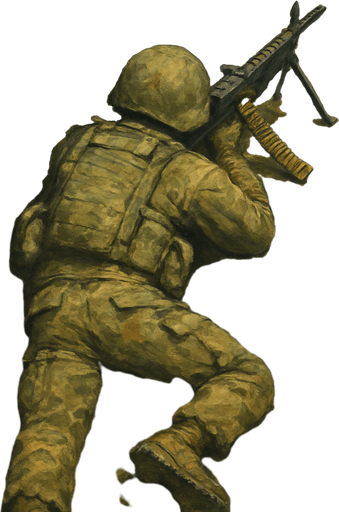 Army soldier laying with machine gun, top view from back