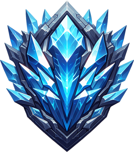 An angular, crystalline shield shimmering with blue light..
Single Game Texture.  In-Game asset.  2d.  Blank background.  High contrast.  No shadows