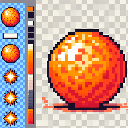 8-bit. Cartoon. Orange energy ball.
. In game asset. Single Game Texture. In-Game asset. 2d. Blank background. High contrast. No shadows.