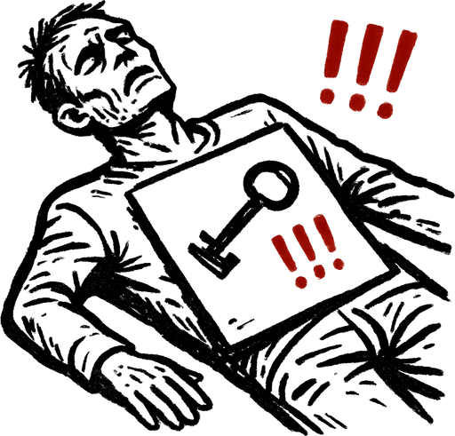 a drawing pic by pen about a dead body have paper on his stomach have key painting and "!!!" beside it, red color of "!!!".
In-Game asset.  2d.  High contrast.  No shadows