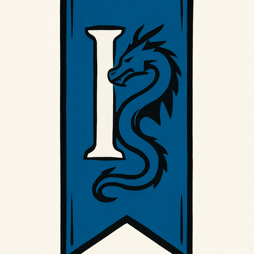 bandera larga con un simbolo de una i azul con un dragon al lado
e el diseño d ela i.
In-Game asset.  2d.  High contrast.  No shadows