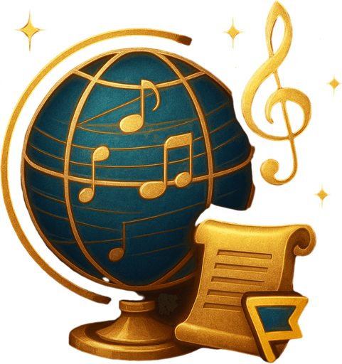Design an icon for a Language selection button in a fantasy tower defense game set in a magical concert hall. The icon should combine a classic globe symbol with musical or magical elements to reflect the game's unique theme.

Main symbol: a stylized globe with subtle music note engravings on the surface or longitude/latitude lines formed from staff lines (like a musical sheet).
Optional elements: a floating treble clef, sparkles, or an open scroll representing language or translation.

Use elegant gold, bronze, or blue tones, with a soft magical glow.
The background should be subtle—velvet, dark wood, or parchment-like texture.

Icon must be square (256×256 px), readable at small sizes, and must not include text.
Optional: provide a state where a small flag symbol or dropdown arrow appears to suggest language selection.

Style: refined, orchestral fantasy UI—fitting the atmosphere of a haunted concert hall with magical elegance..
In-Game asset.  2d.  High contrast.  No shadows