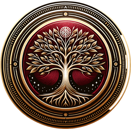 A circular emblem with a tree at its center, its branches intertwining with a glowing red lineage symbol..
Colors: Deep red, gold, and subtle white highlights.