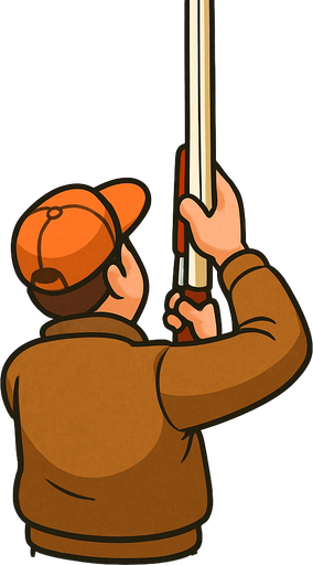 cartoon style back view duck hunter use white shootgun straight vertical shoot act.