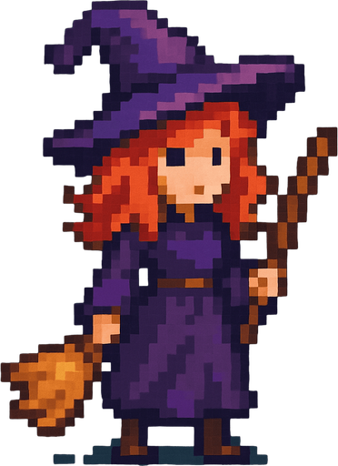 a witch with red head and purple hat..
pixel art. full body