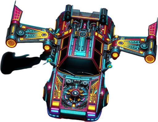 Neon cyberpunk flying car.
Single Game Texture.  Blank background.  High contrast.  No shadows. Top-down