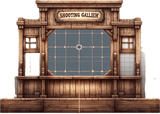 front facing western shooting gallery wooden frame.
Single Game Texture. In-Game asset. 2d. Blank background. High contrast. No shadows.