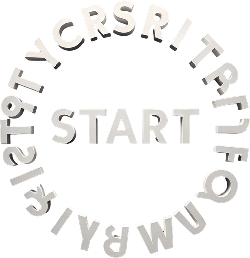 Top view of white Letters « START » following a round path.
Black background