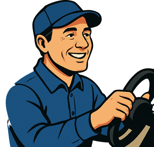 Smiling realistic driver. But hə is looking right.
In-Game asset.  2d.  High contrast.  No shadows