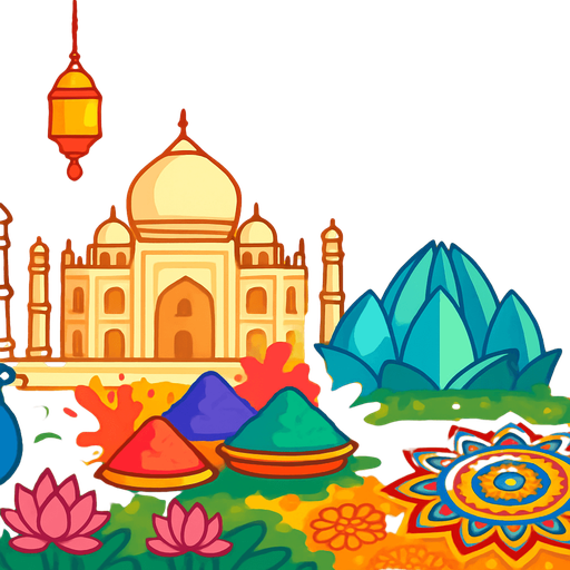 A vibrant, colorful 2D cartoon-style background inspired by India. Include iconic Indian elements such as the Taj Mahal, Lotus Temple, Indian palace architecture, Holi color splashes, and hanging lanterns. Surround the scene with peacocks, lotus flowers, temple bells, or traditional rangoli patterns. The atmosphere should feel festive and spiritual, with a warm sunset or golden light. Designed in a flat, game-friendly illustration style (vector/cartoon), perfect for a level themed around traditional Indian music. Export in 1920x1080 (landscape), without characters or text..
In-Game asset.  2d.  High contrast.  No shadows