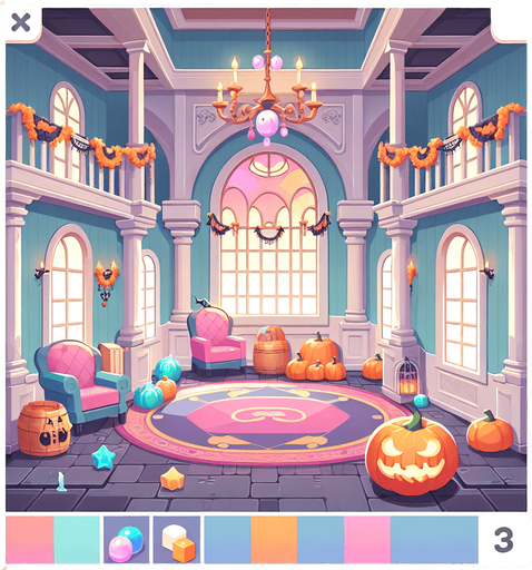Background for hyper casual puzzle game. Showing halloween mansion interior. Pastel colors, flat shaded, vector art. Single Game Texture. In-Game asset. 2d. Blank background. High contrast. No shadows.