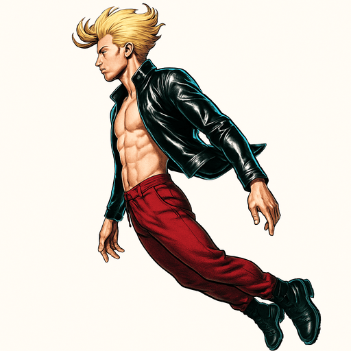 Swishy graceful man Cyberpunk manga, side profile view, flying flight levitation action shot shiny black leather biker jacket longsleeves shirtless Skinny abs blonde pompadour guy, dynamic motion lifting off ground wine red joggers combat boots, tilting forward legs relaxed toes pointed arms relaxed at sides, Background removed, "Full-body character, entirely in frame, no cropping of face, head, or feet" "Complete character visible, from head to toe, fully centered in the image" "Entire character, including face and boots, fully within the frame" Character fully contained within a square frame, no edges cut off fashion model pose style of Vogue magazine