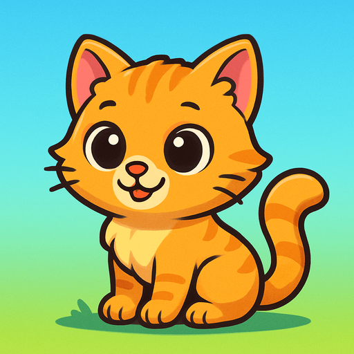 A cute cartoon-style cat character for a mobile game. Soft fluffy fur, big round eyes, small triangular ears, pink nose, and a curled tail. Light gray or orange color, standing or sitting with a playful and happy expression. High-quality digital illustration with a simple, colorful background. Ideal for a fun and friendly kids game.”.
In-Game asset.  2d.  High contrast.  No shadows. cartoon style