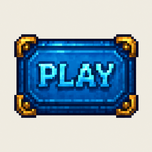 A big button that say Play to start playing a game. Use blue magical style 2d pixel art, golden corners
Single Game Texture. In-Game asset. 2d. Blank background. High contrast. No shadows.