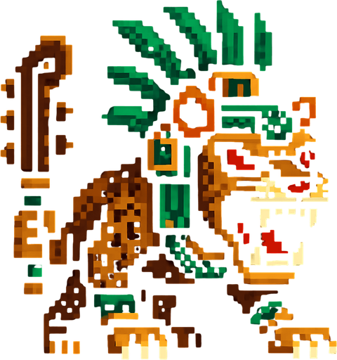 Genérame una Puma guerrero azteca con eso patrones, estilo pixelar, con una apariencia maligna, ojos rojos, rabioso. Unidad cuerpo a cuerpo. Animal.
In-Game asset.  2d.  High contrast.  No shadows